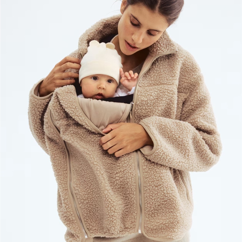 MAMA before and after baby wearing fleece jacket